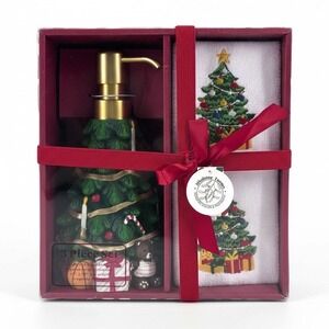Mistletoe Farms Christmas Tree Soap Dispenser & Towel Set 3-Pc Macy's NEW